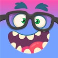 Cartoon monster face wearing eyeglasses. Vector Halloween funny blue and pink nerdy monster square avatar.