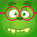 Cartoon monster face wearing eyeglasses. Vector Halloween funny green smart monster square avatar. Royalty Free Stock Photo