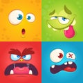 Cartoon monster faces set. Vector set of four Halloween monster faces with different expressions. Children book illustrations