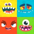 Cartoon monster faces set. Vector set of four Halloween monster faces