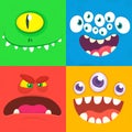 Cartoon monster faces set. Vector set of four Halloween monster faces Royalty Free Stock Photo