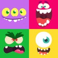 Cartoon monster faces set. Vector set of four Halloween monster faces.