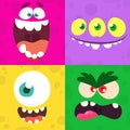 Cartoon monster faces set. Vector set of four Halloween monster faces with different expressions.