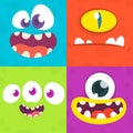 Cartoon monster faces set. Vector set of four Halloween monster faces