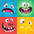 Cartoon monster faces set. Vector set of four Halloween monster faces with different expressions. Children book illustrations Royalty Free Stock Photo