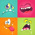 Cartoon monster faces set. Vector set of four Halloween monster faces Royalty Free Stock Photo