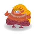 Cartoon monster lace girl with long blondy hair, one eye gives like