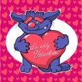 Cartoon monster in love holding a pink heart romantic congratulation postcard for Saint Be My Valentine Royalty Free Stock Photo