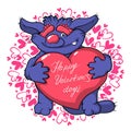 Cartoon monster in love holding a pink heart romantic congratulation postcard for Saint Valentine`s Day Royalty Free Stock Photo