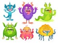 Cartoon monster mascot. Halloween funny monsters, bizarre gremlin with horn and furry creations. Cartoons character vector Royalty Free Stock Photo