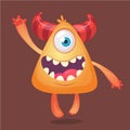 Cartoon monster. Orange horned monster with one eye smiling for Halloween. Vector illustration