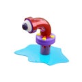 Cartoon monster in a sewer pipe in glossy red, looks with one eye, like in a telescope of a submarine. A blue puddle of water Royalty Free Stock Photo