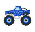 Cartoon monster truck. Big boys car. 4x4 nursery vehicle. Isolated diesel auto. Birthday print