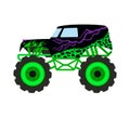 Cartoon monster truck. Big car t-shirt print. 4x4 nursery vehicle. Isolated diesel auto. Rally show