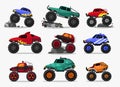 Cartoon monster truck. Diesel 4WD offroad vehicle with turbo engine and mud bogging tires, muscle car with flat tires Royalty Free Stock Photo