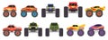 Cartoon monster trucks designs side and front view. Offroad race cars with large wheels and fire. Extreme sport heavy