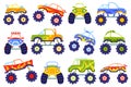 Cartoon monster trucks. Kids cars with big wheels, extreme race truck and heavy vehicles vector Illustration set Royalty Free Stock Photo