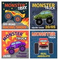 Cartoon monster trucks t shirt print designs and posters. Grunge cool extreme offroad race cars. Racing show heavy truck