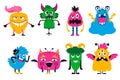 Cartoon Monsters collection. Vector set of cartoon monsters isolated. Cute kawaii cartoon scary funny baby character. Eyes, tongue Royalty Free Stock Photo