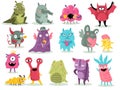 Cartoon monsters. Cute goblins, colorful alien characters, funny comic gremlins, little dragons and devil spooky
