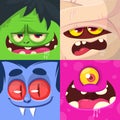 Cartoon monsters faces set. Vector collection of four Halloween monster character square avatars with different face expressions. Royalty Free Stock Photo