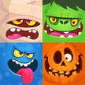 Cartoon monsters faces set. Vector collection of four Halloween monster character square avatars with different face expressions. Royalty Free Stock Photo