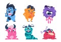 Cartoon monsters. Funny and scary trolls ghosts goblins and aliens with cute faces, cute isolated characters. Vector set