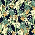 Cartoon monsters seamless pattern, hand draw doodle vector illustration. Repeatable pattern with cute monster, light