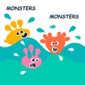 Cartoon monsters swim in the sea. Colorful vector illustration