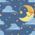 Cartoon month. Baby vector background. Moon, ladybug and cloud on blue sky background.