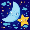 Cartoon moon stars and clouds in the sky. Cute baby moon and star characters in blue night sky. Vector illustration Royalty Free Stock Photo