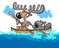 Cartoon Moose and Beaver friendly characters on canoe.