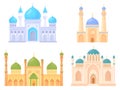 Cartoon mosque buildings. Islamic castle desert building, traditional arabian muslim temple for moslem praying ramadan