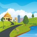Cartoon mosque with nature and city landscape