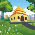 Cartoon mosque with nature and city landscape