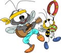 Cartoon mosquito and bee playing guitar and tambourine, making music together vector illustration