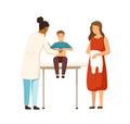 Cartoon mother and child boy visit therapist at clinic vector flat illustration. Female black skin doctor examination