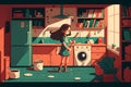 cartoon mother daughter girl helps cleaning kitchen together, doing household chores Royalty Free Stock Photo