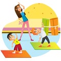 Cartoon Mother Exercise with Children Family Yoga