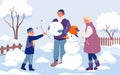 Cartoon mother, father and child play in house yard, boy holding tree branch to make snowman with parents together Royalty Free Stock Photo