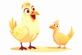 Cartoon mother hen teaches the chick