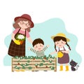 Cartoon mother and her two children looking at the strawberry plant in a raised garden bed. Family