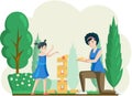 Cartoon mother plays with kid. Mom and daughter playing jenga together in garden or backyard Royalty Free Stock Photo