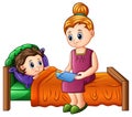 Cartoon mother reading bedtime story to her son before sleeping Royalty Free Stock Photo