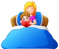 Cartoon mother reading bedtime story to son on bed