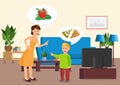 Cartoon mother tells son to eat vegetables. Royalty Free Stock Photo