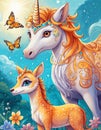 Cartoon Mother Unicorn and Baby with Orange Manes and Blue Eyes. They stand in a field of flowers, and orange butterflies fly