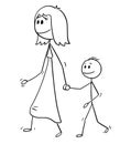 Cartoon of Mother Walking With Son and Holding His Hand