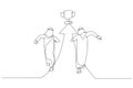 Cartoon of motivated arab businessman running on arrow showing direction to trophy way to success. Single line art style