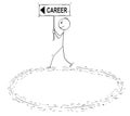 Cartoon of Motivated Businessman Holding Career an Arrow Sign and Walking in Circle